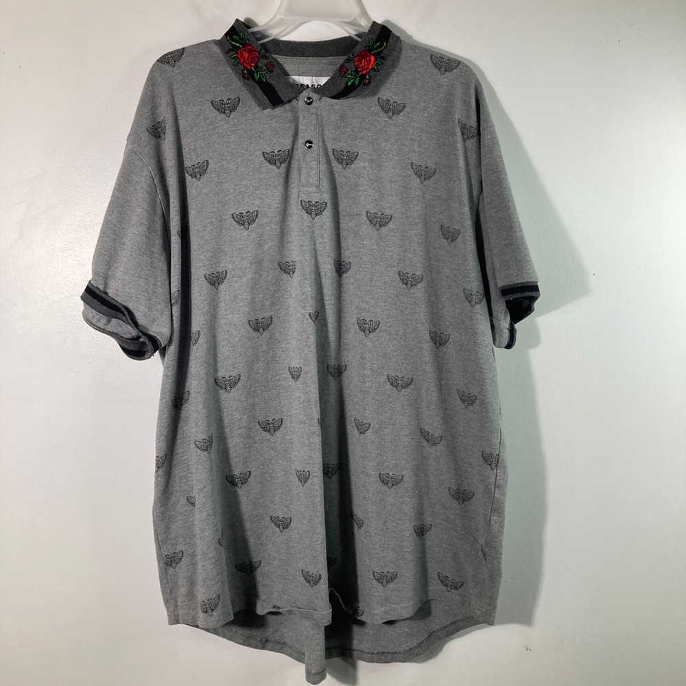 Mens Reason‎ Embroidered Roses Moths Polo Shirt Gray 3XL Cotton Short Sleeve